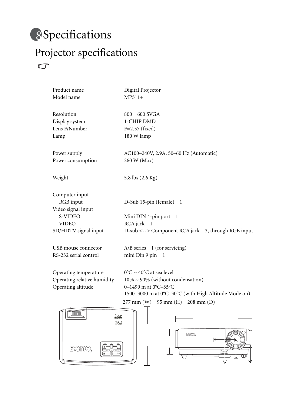 Specifications, Projector specifications | BenQ MP511 User Manual | Page 57 / 60