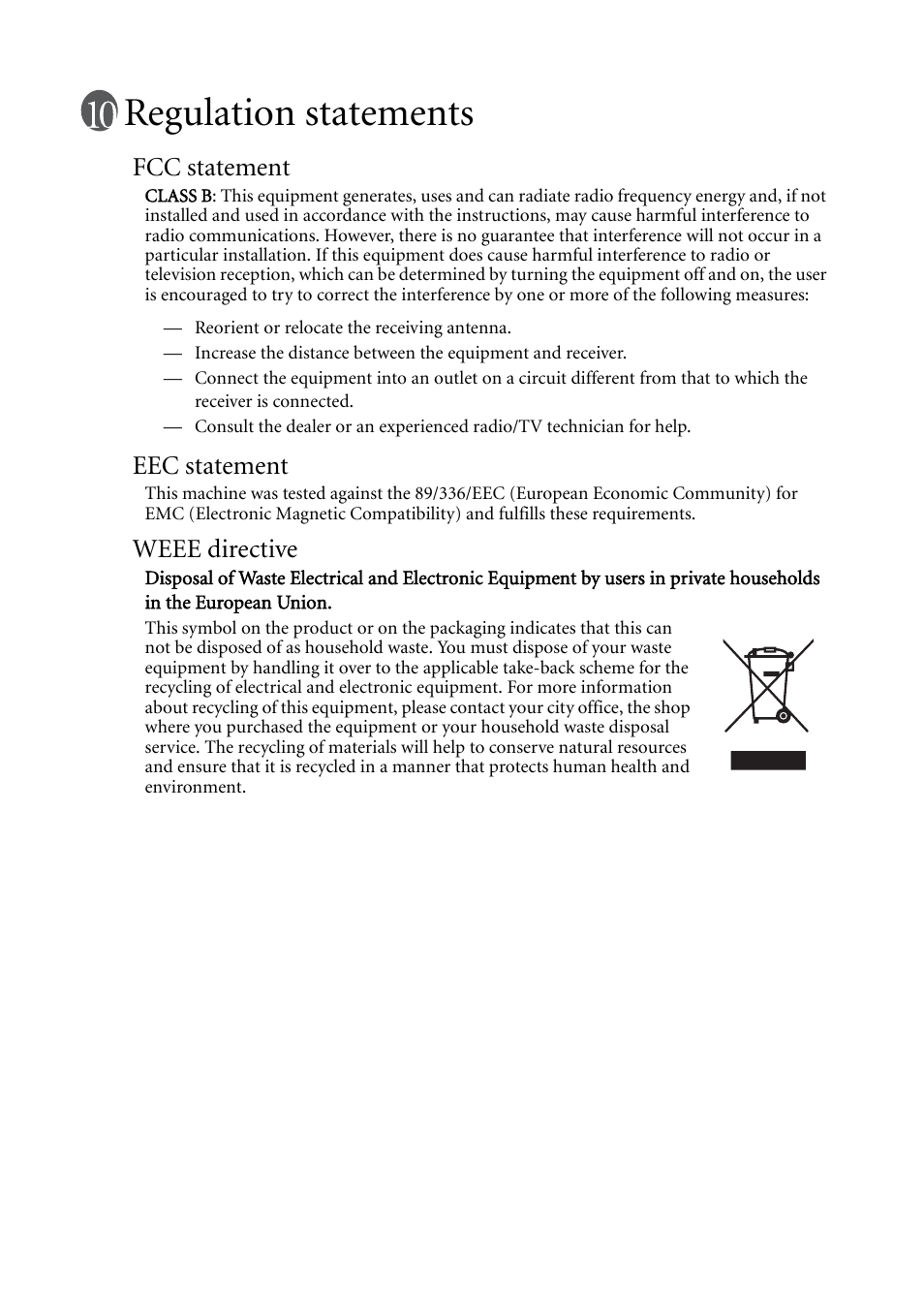 Regulation statements, Fcc statement, Eec statement | Weee directive | BenQ MP511 User Manual | Page 60 / 60