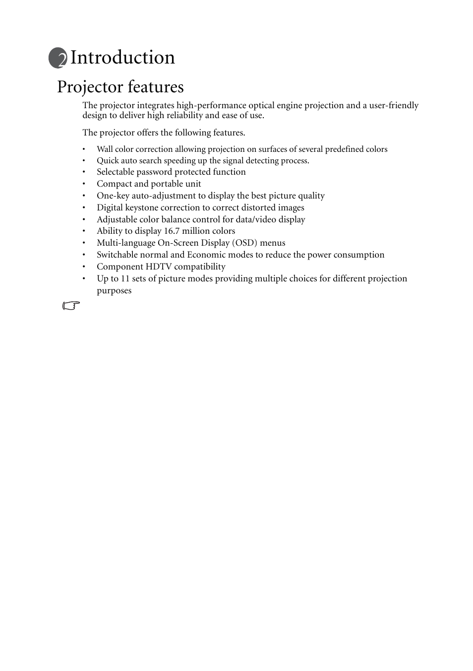 Introduction, Projector features | BenQ MP511 User Manual | Page 9 / 60