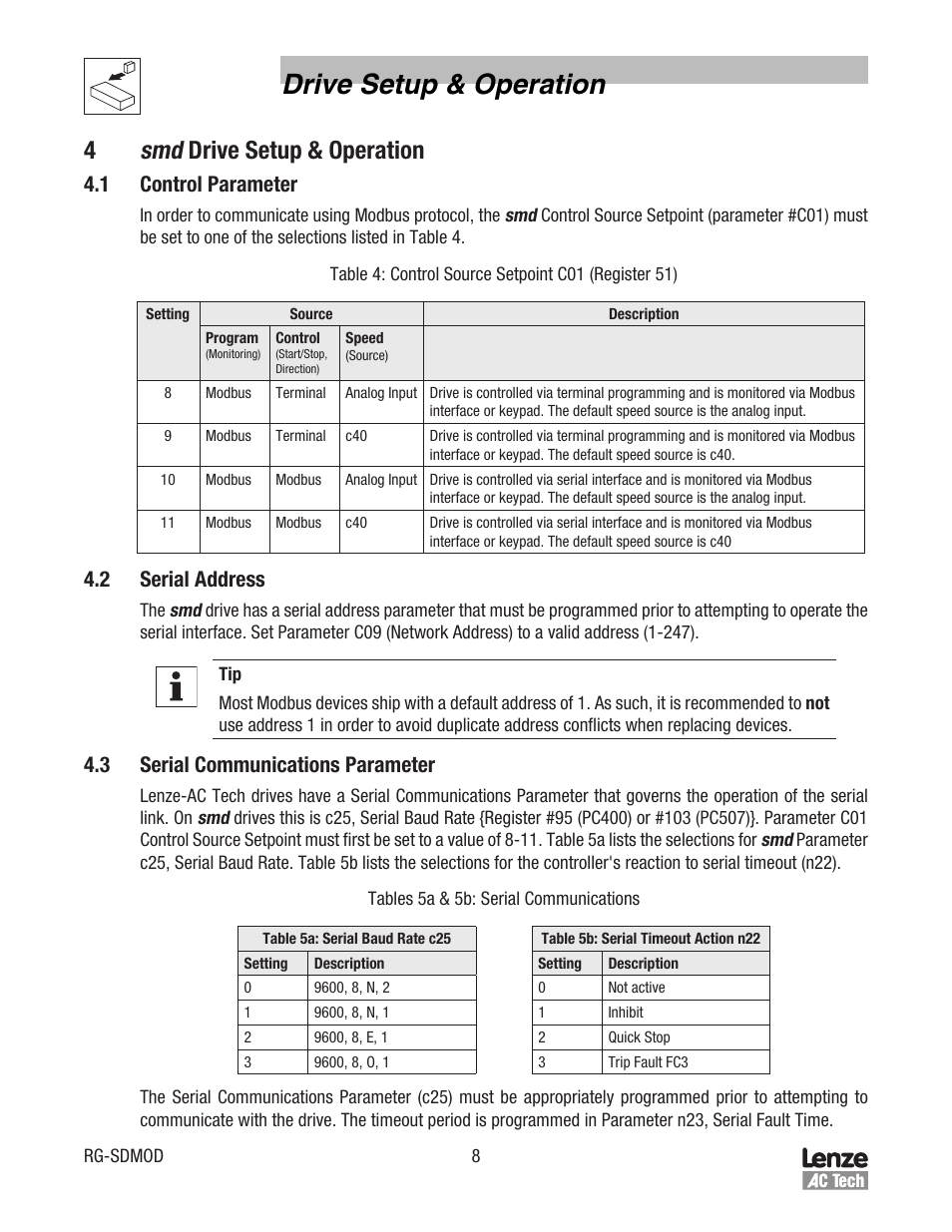 Drive setup & operation, 1 control parameter, 2 serial address | 3 serial communications parameter | Lenze smd Series Drives User Manual | Page 12 / 32