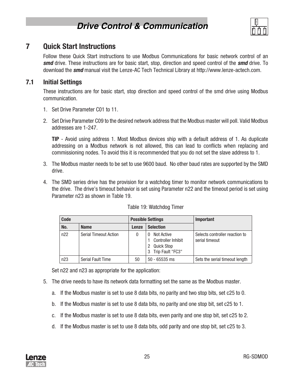 Drive control & communication, 7quick start instructions, 1 initial settings | Lenze smd Series Drives User Manual | Page 29 / 32