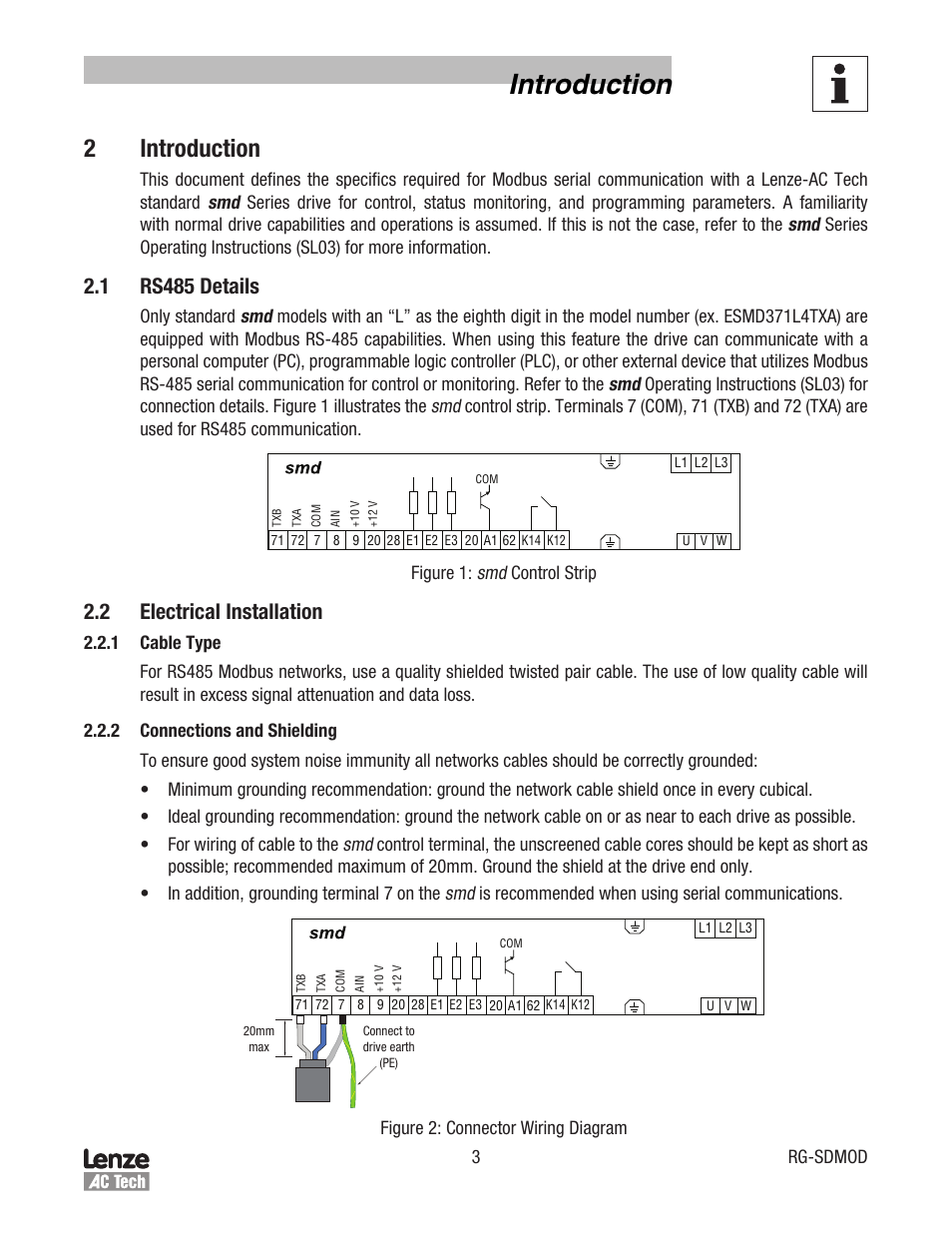 Introduction, 2 introduction, 1 rs485 details | 2 electrical installation | Lenze smd Series Drives User Manual | Page 7 / 32