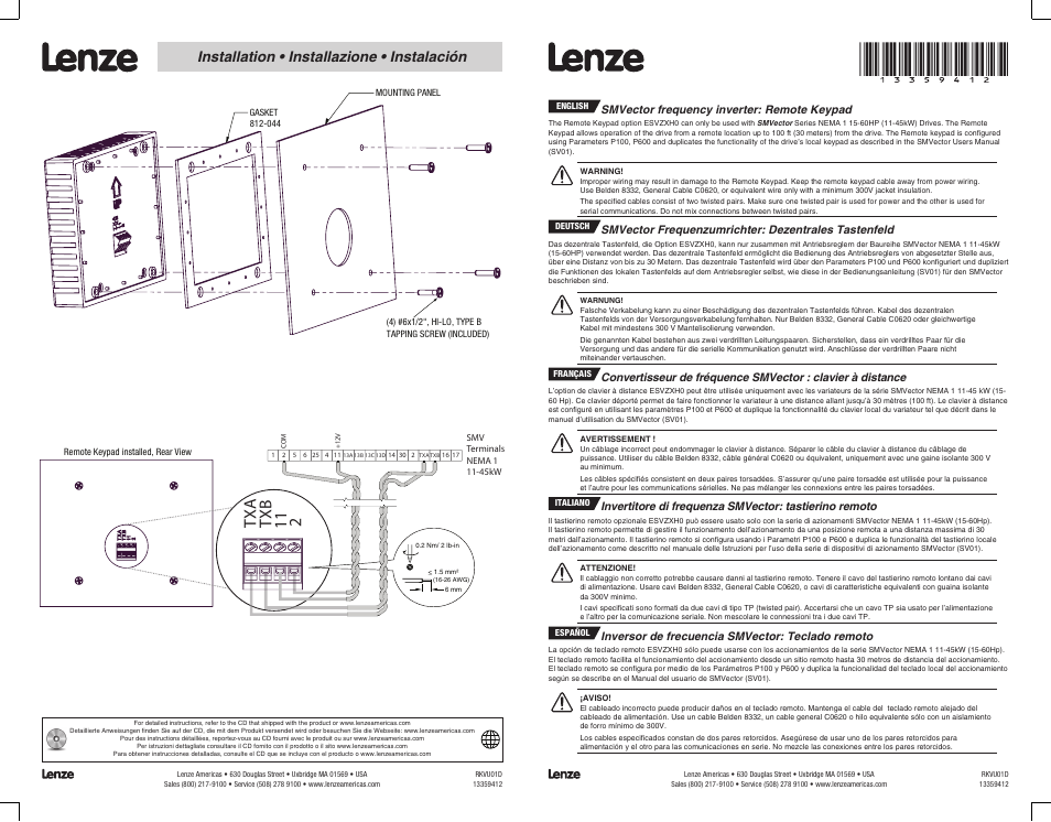 Lenze ESV SMV remote keypad H0 User Manual | 2 pages