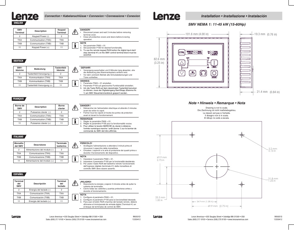 Installation • installazione • instalación | Lenze ESV SMV remote keypad H0 User Manual | Page 2 / 2