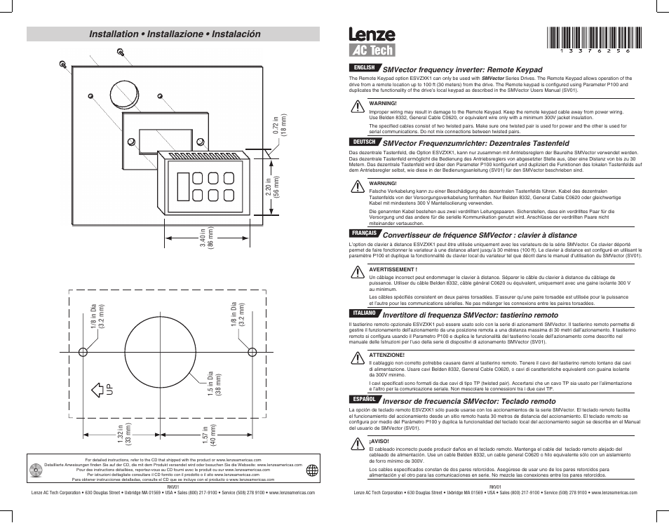 Lenze ESV SMV remote keypad H1 User Manual | 2 pages