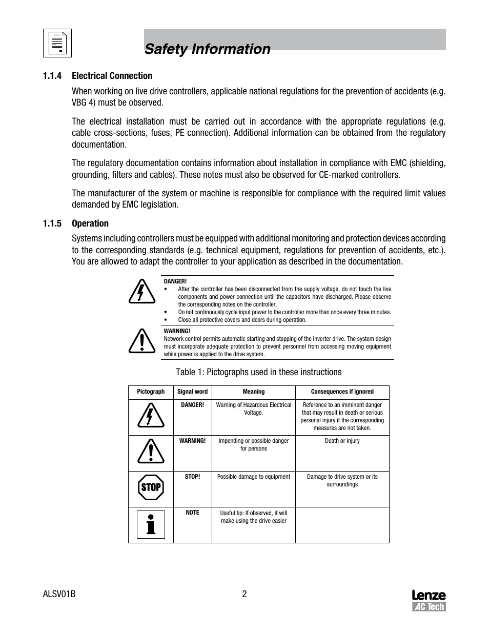 Safety information, Alsv01b 2, Table 1: pictographs used in these instructions | Lenze SV SMV additional I-O module User Manual | Page 5 / 14