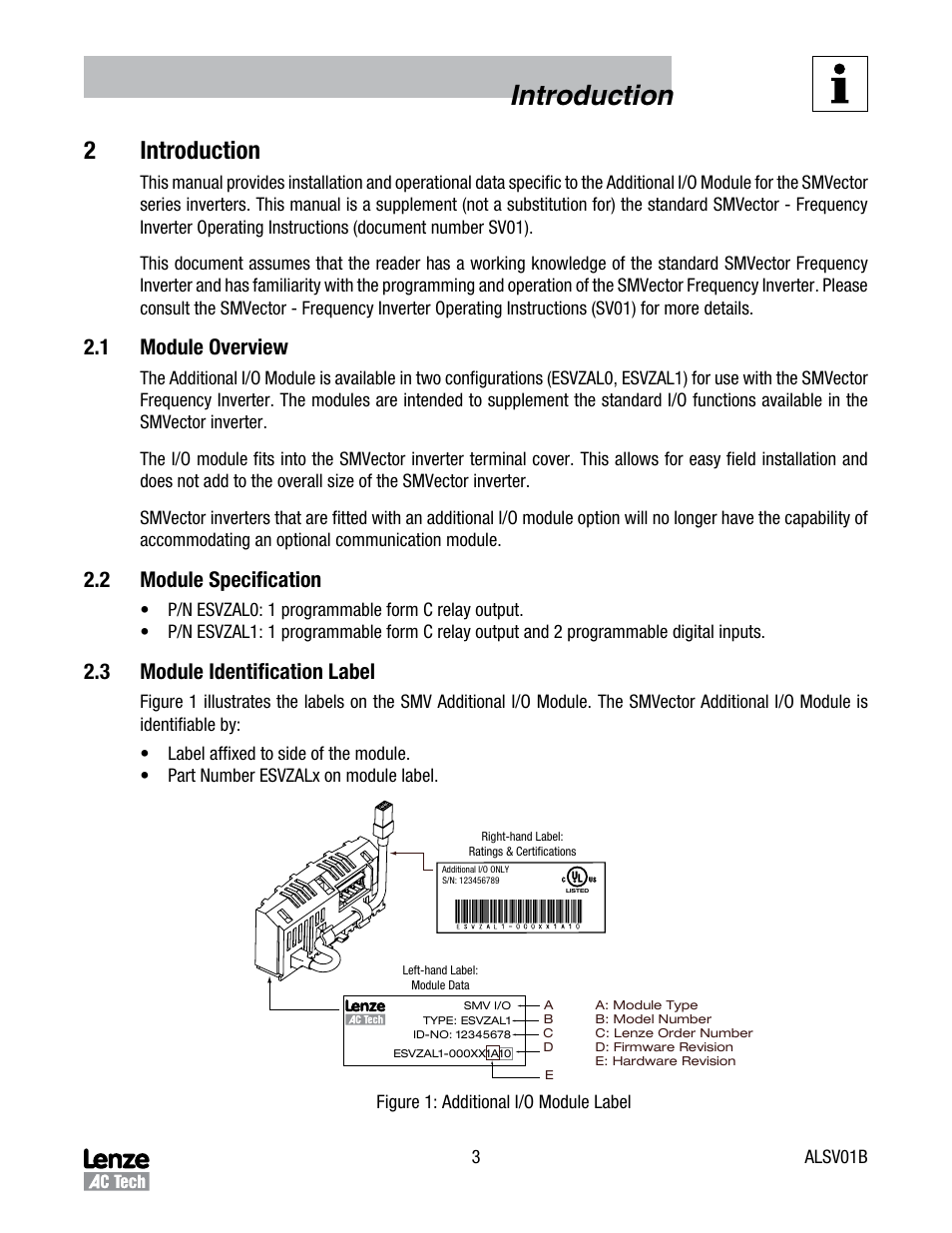 Introduction, 2introduction, 1 module overview | 2 module specification, 3 module identification label | Lenze SV SMV additional I-O module User Manual | Page 6 / 14