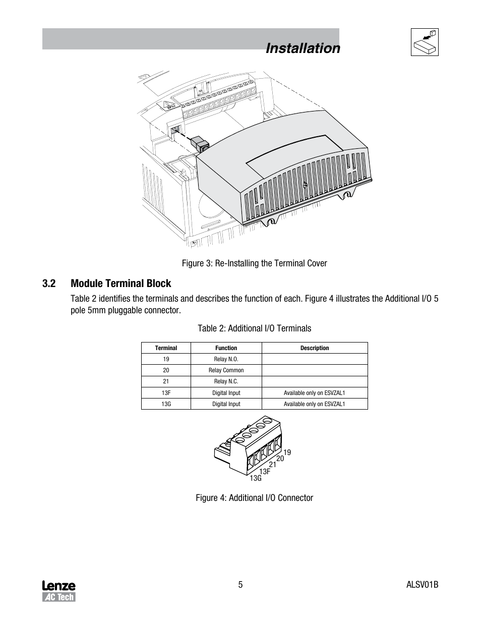Installation, 2 module terminal block | Lenze SV SMV additional I-O module User Manual | Page 8 / 14