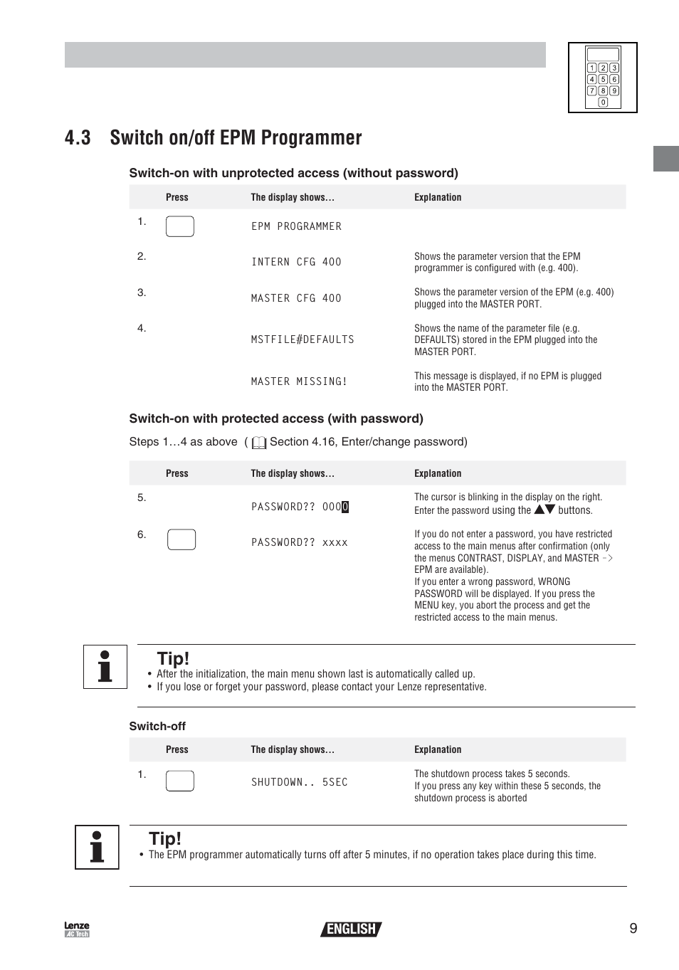 Operation, 3 switch on/off epm programmer, English | Lenze EEPM1RA EPM User Manual | Page 11 / 26