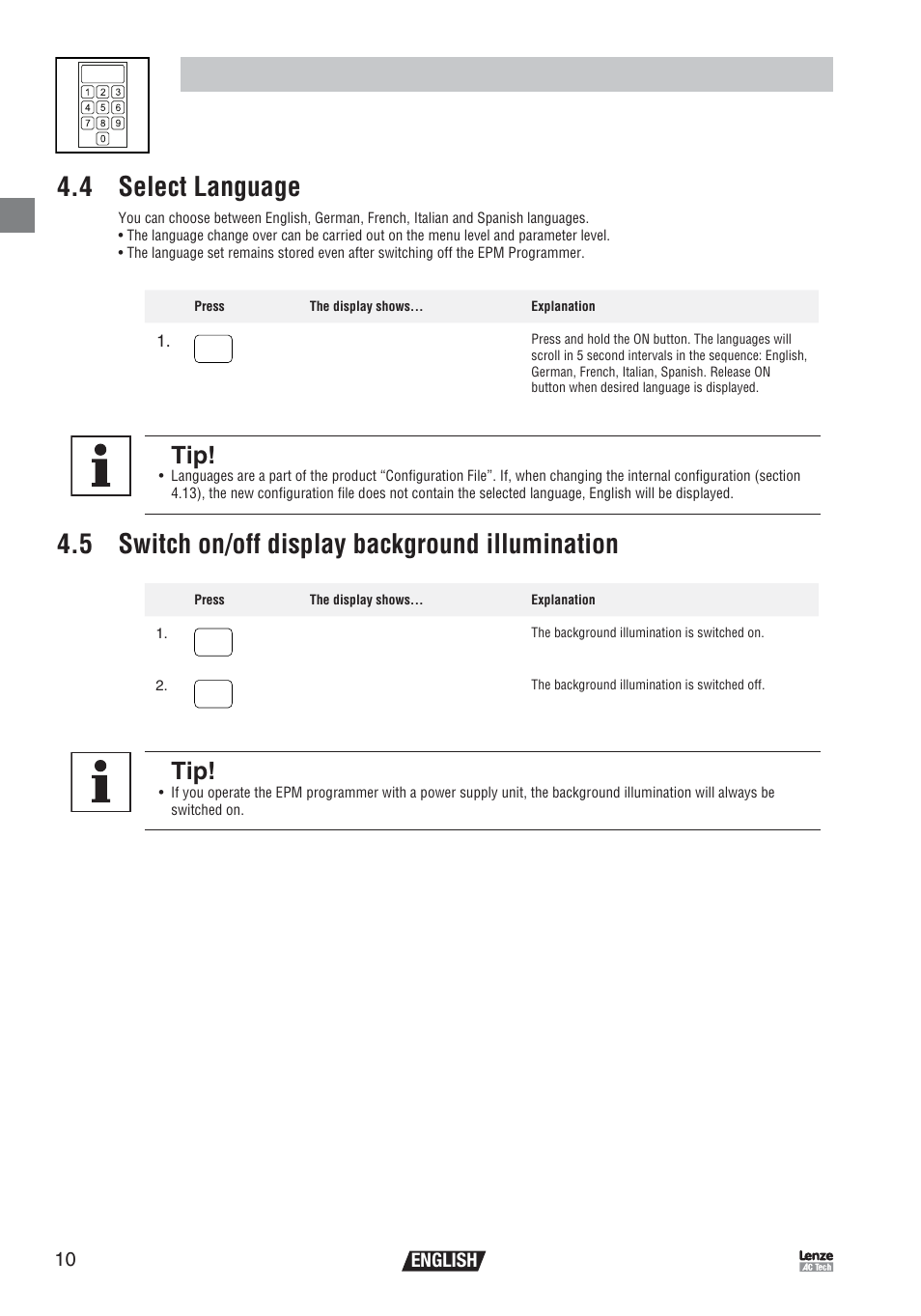 Operation, 4 select language, 5 switch on/off display background illumination | 0 english | Lenze EEPM1RA EPM User Manual | Page 12 / 26