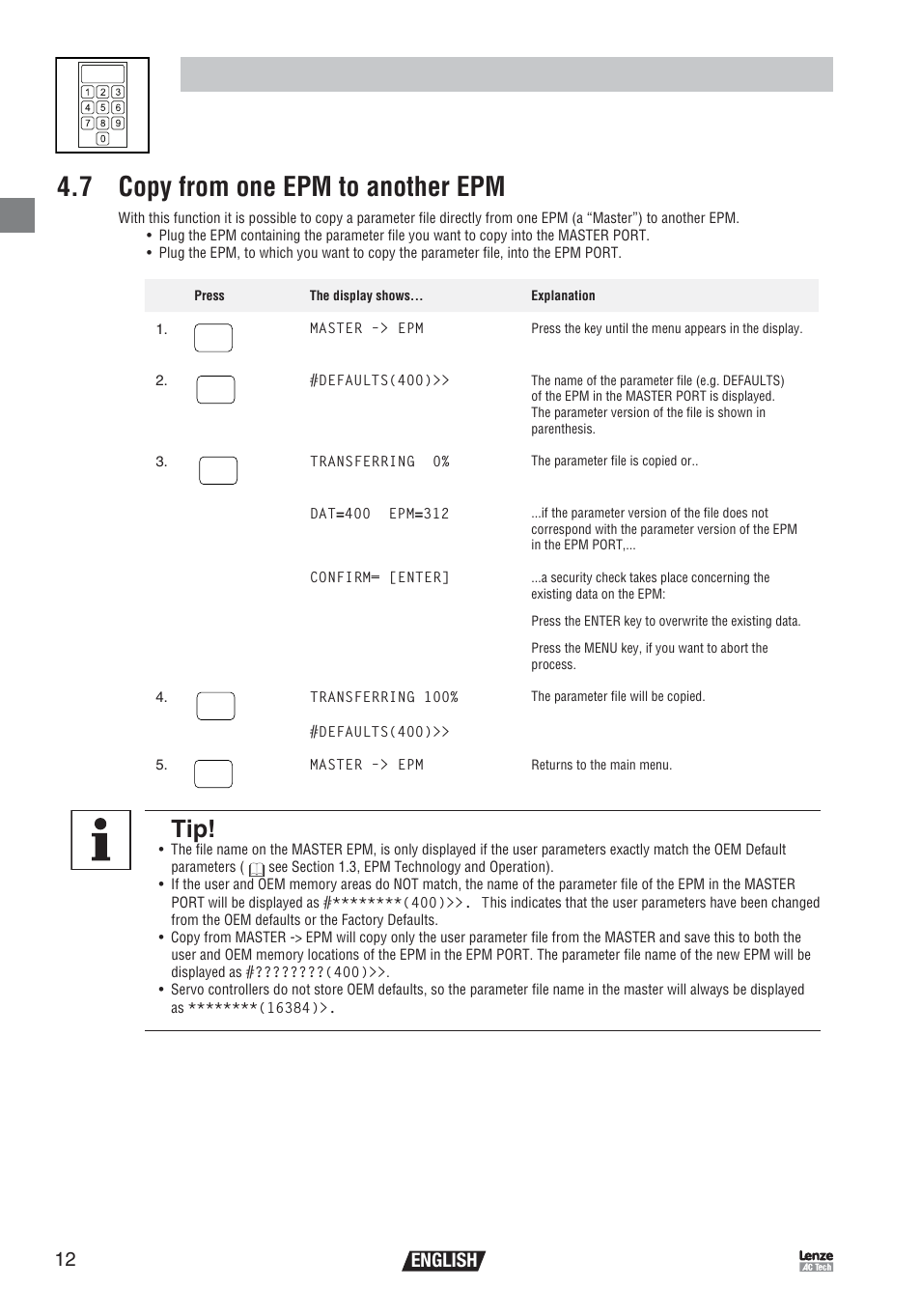 Operation, 7 copy from one epm to another epm, English | Lenze EEPM1RA EPM User Manual | Page 14 / 26