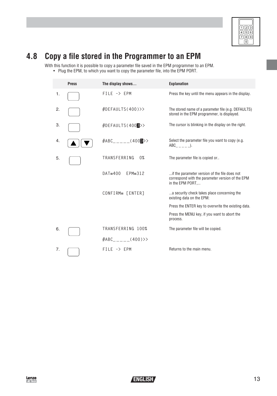 Operation, 8 copy a file stored in the programmer to an epm, English | Lenze EEPM1RA EPM User Manual | Page 15 / 26