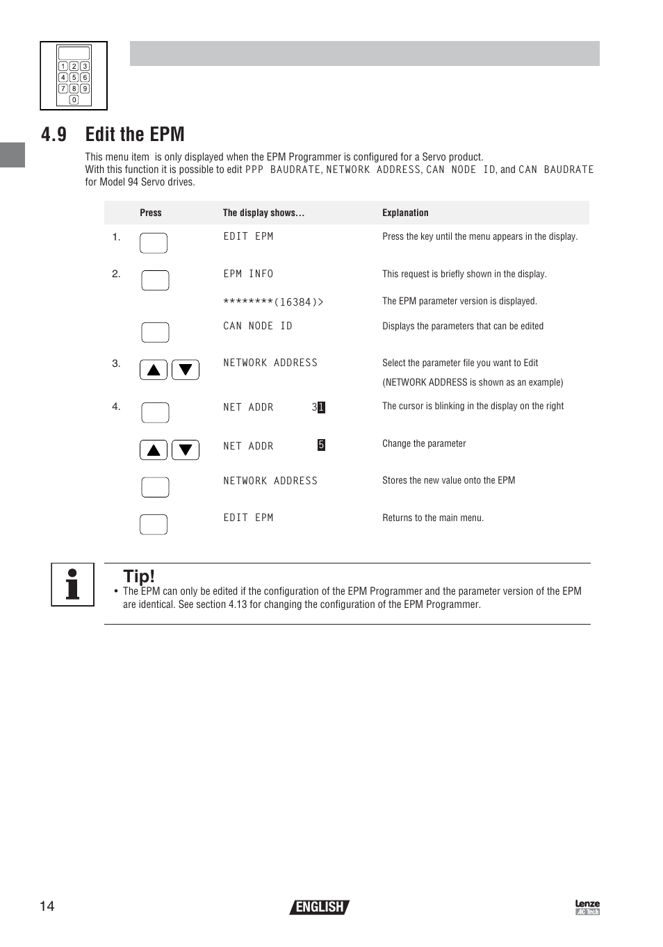 Operation, 9 edit the epm, English | Lenze EEPM1RA EPM User Manual | Page 16 / 26