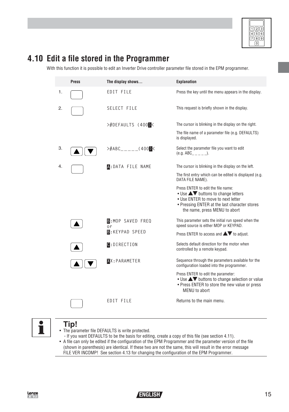 Operation, 10 edit a file stored in the programmer, English | Lenze EEPM1RA EPM User Manual | Page 17 / 26
