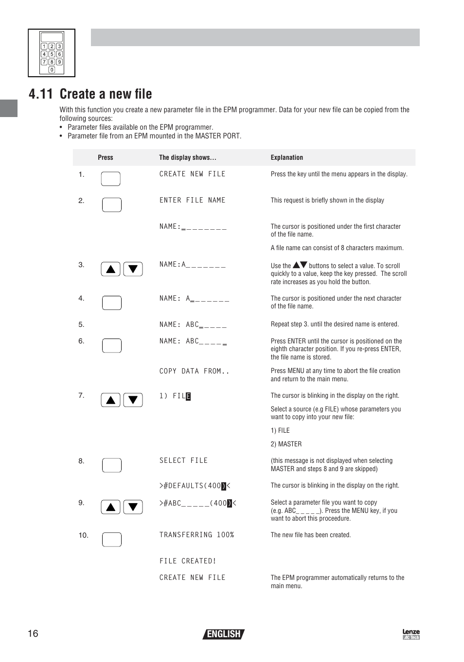 Operation, 11 create a new file, English | Lenze EEPM1RA EPM User Manual | Page 18 / 26