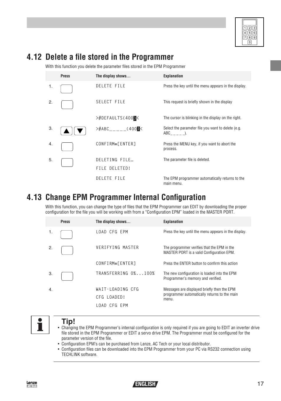 Operation, 12 delete a file stored in the programmer, 13 change epm programmer internal configuration | English | Lenze EEPM1RA EPM User Manual | Page 19 / 26