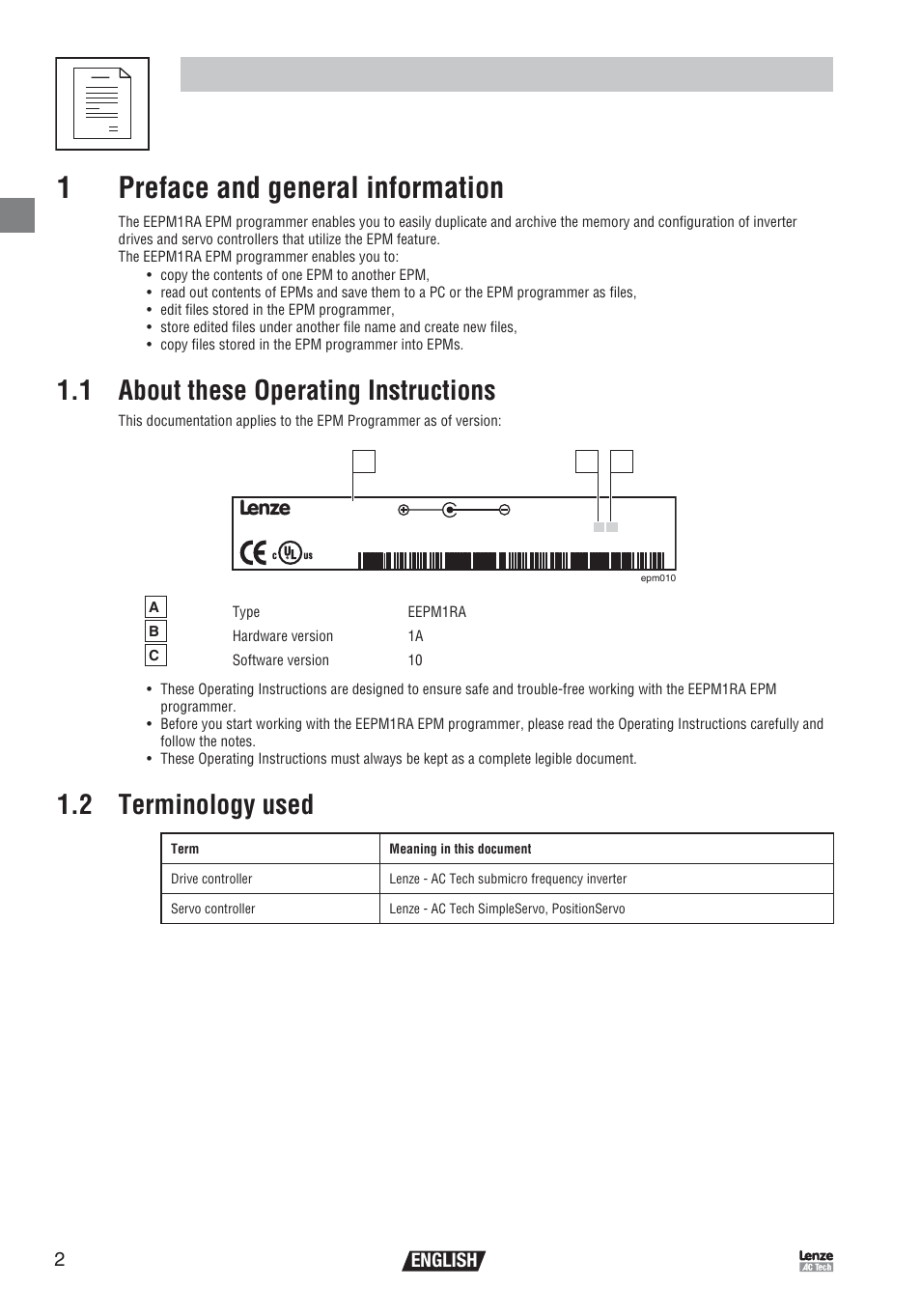 1 about these operating instructions, 2 terminology used, Ab c | English | Lenze EEPM1RA EPM User Manual | Page 4 / 26