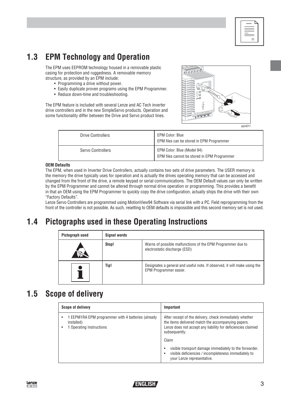 Preface and general information, 3 epm technology and operation, 4 pictographs used in these operating instructions | 5 scope of delivery, English | Lenze EEPM1RA EPM User Manual | Page 5 / 26