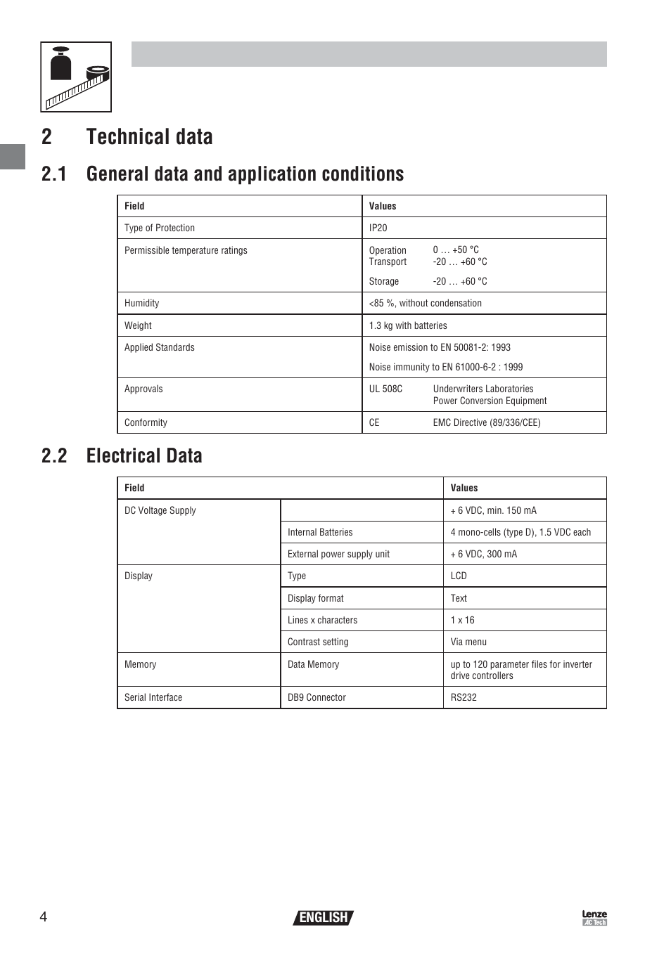 Technical data 2 technical data, 1 general data and application conditions, 2 electrical data | English | Lenze EEPM1RA EPM User Manual | Page 6 / 26