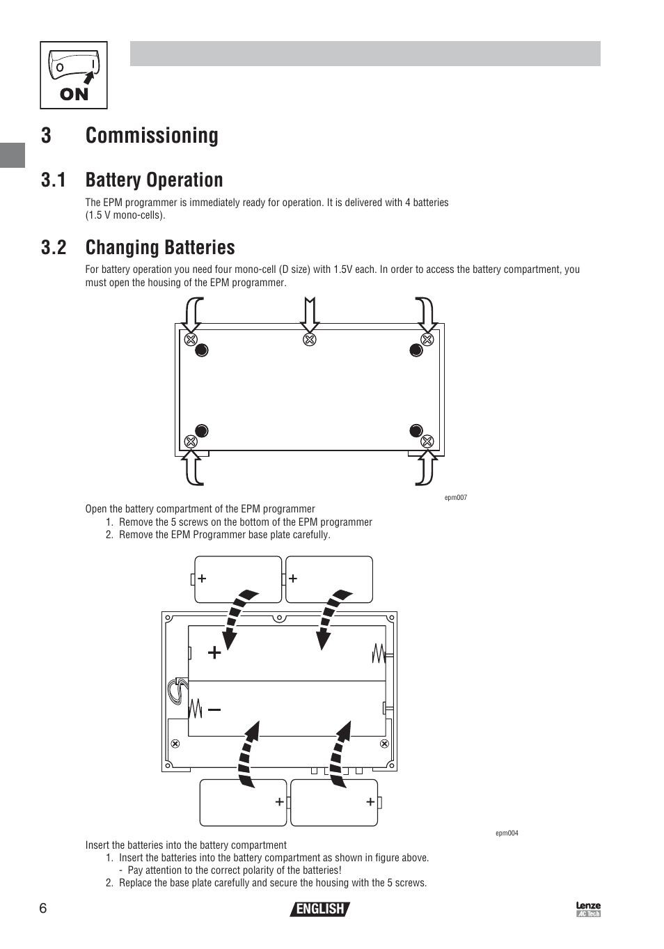 Commissioning 3 commissioning, 1 battery operation, 2 changing batteries | Lenze EEPM1RA EPM User Manual | Page 8 / 26