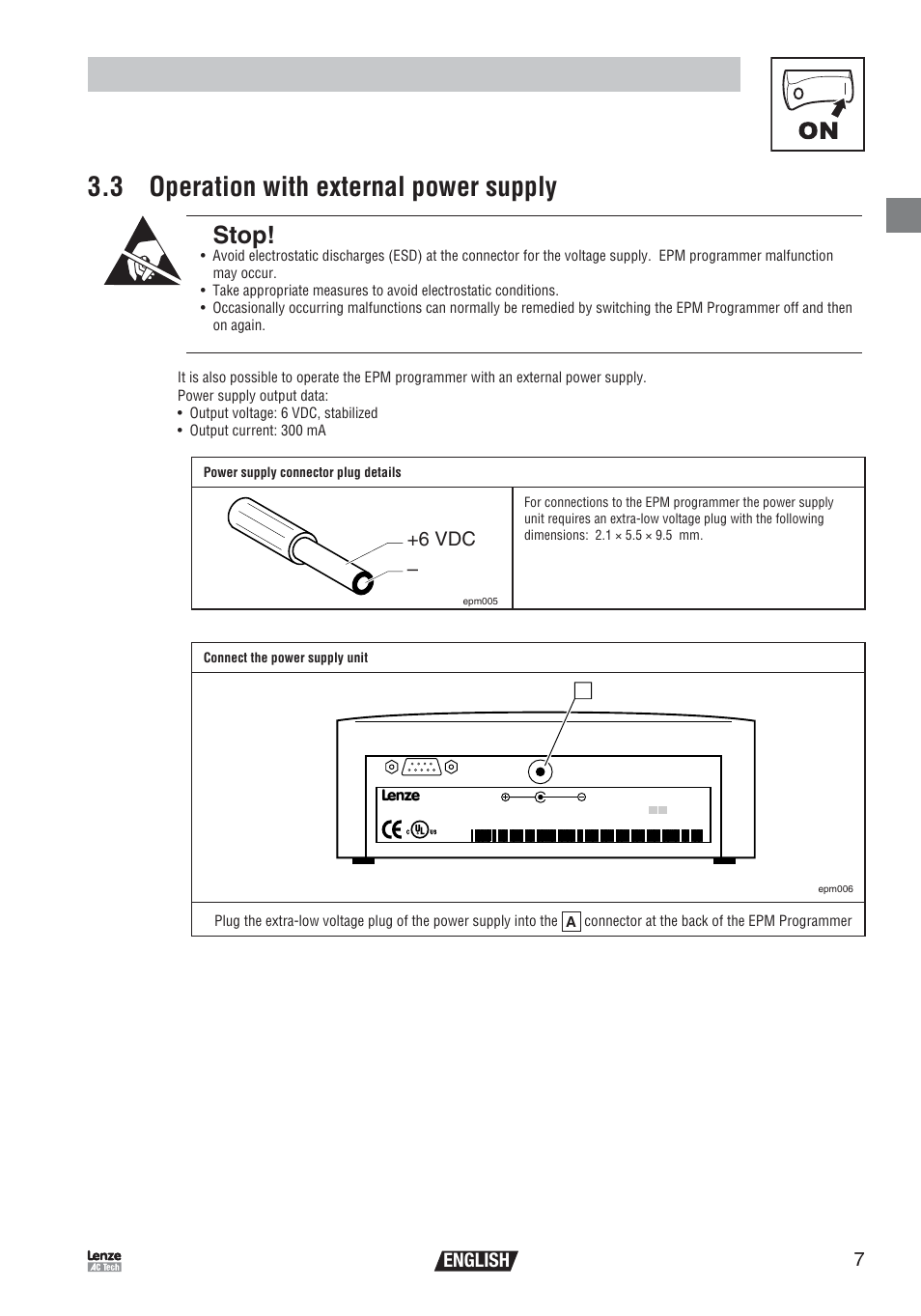 Commissioning, 3 operation with external power supply, Stop | English | Lenze EEPM1RA EPM User Manual | Page 9 / 26