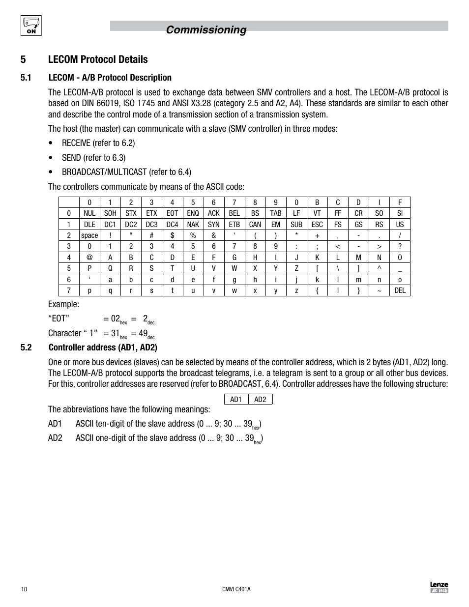 Commissioning 5 lecom protocol details | Lenze SMVector RS-485 LECOM User Manual | Page 12 / 29
