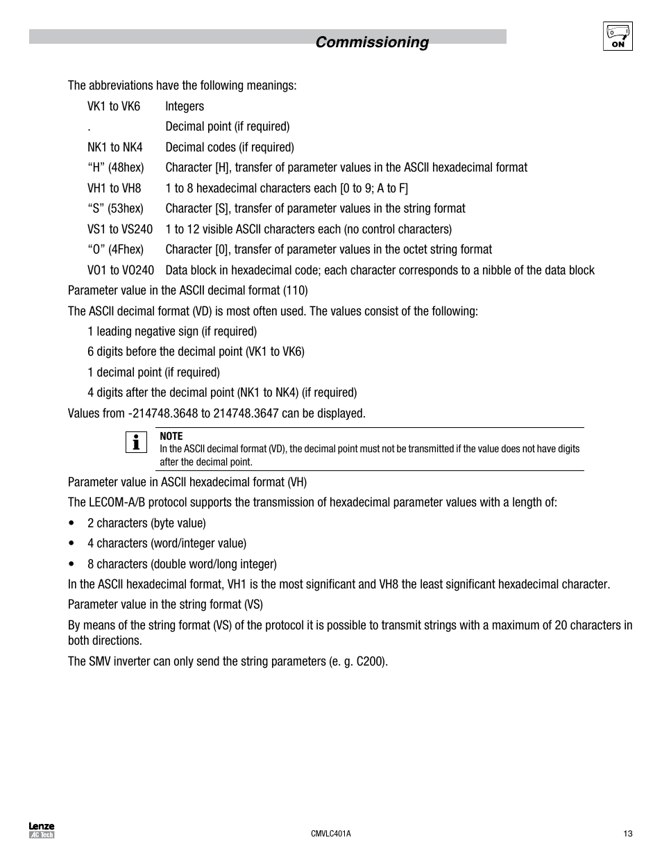 Commissioning | Lenze SMVector RS-485 LECOM User Manual | Page 15 / 29
