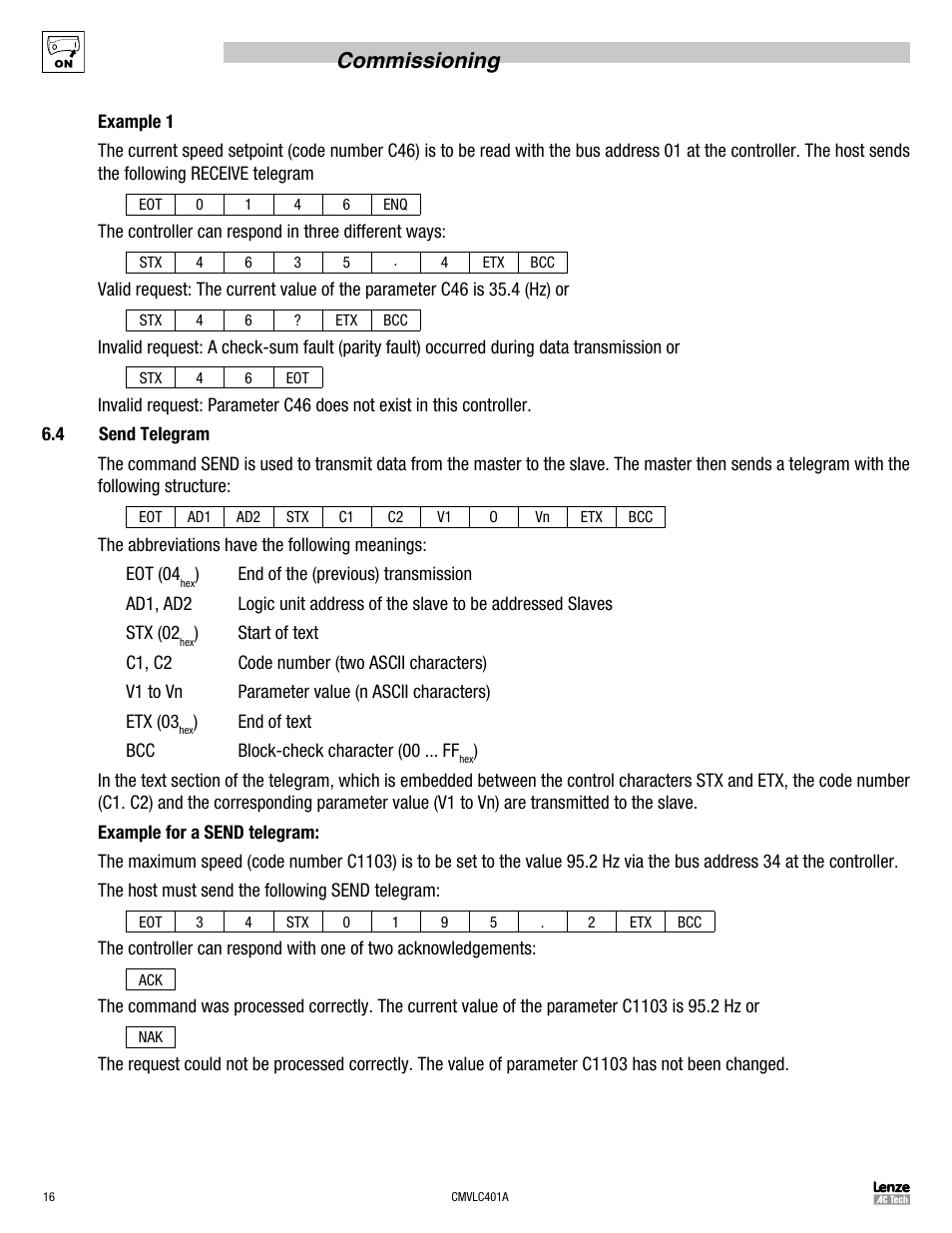 Commissioning | Lenze SMVector RS-485 LECOM User Manual | Page 18 / 29