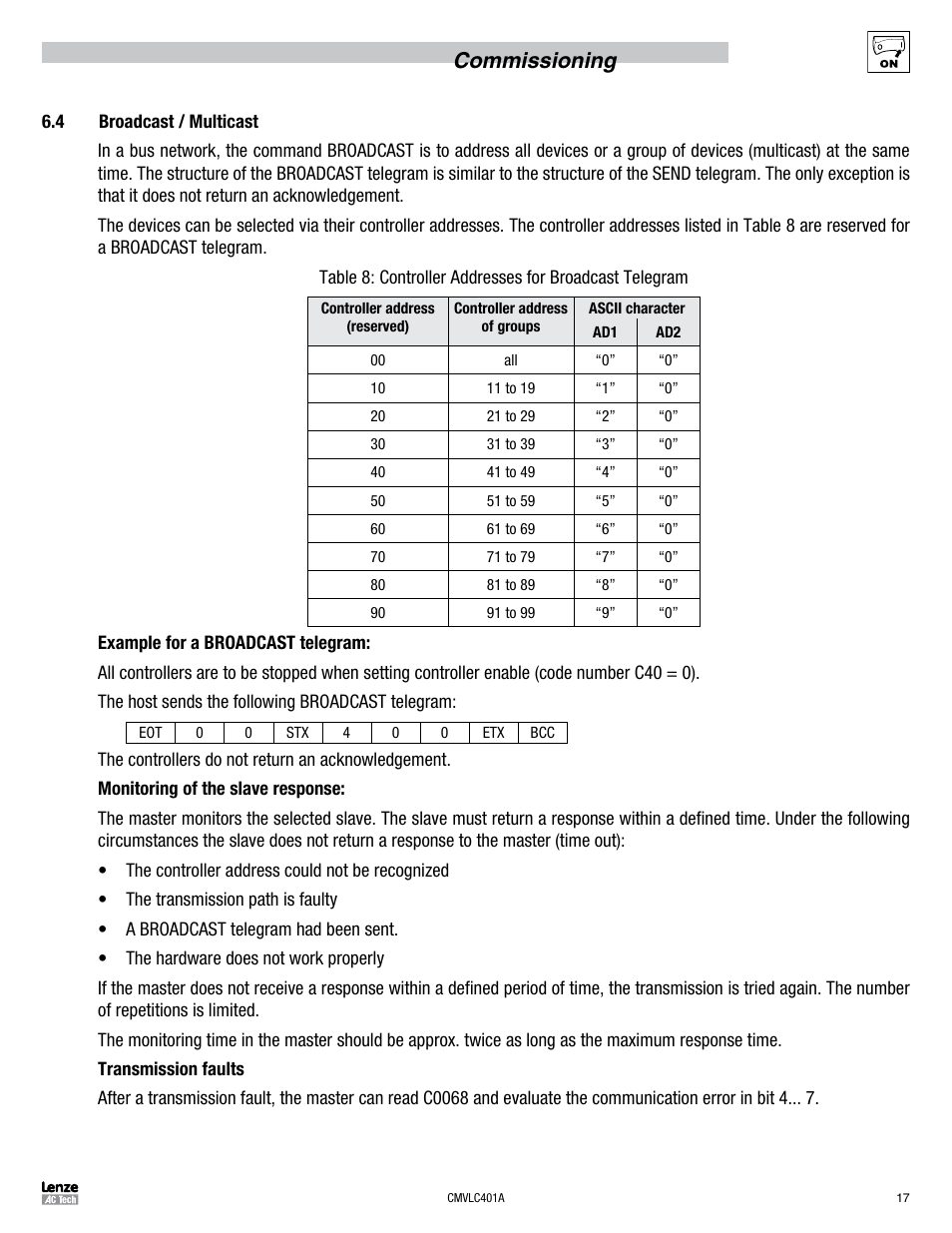 Commissioning | Lenze SMVector RS-485 LECOM User Manual | Page 19 / 29