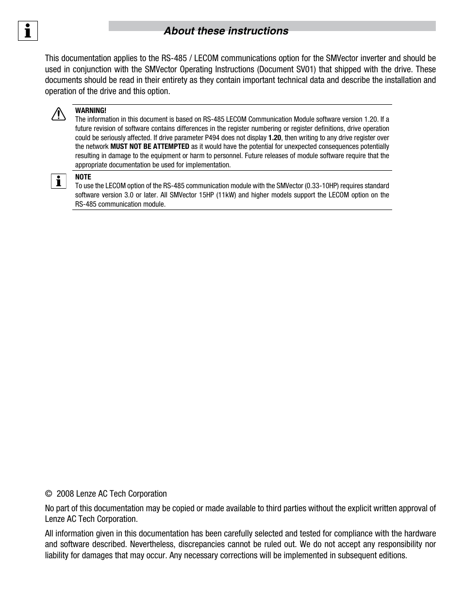 About these instructions | Lenze SMVector RS-485 LECOM User Manual | Page 2 / 29