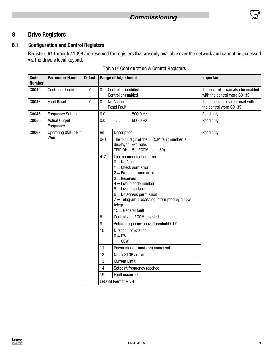 Commissioning 8 drive registers | Lenze SMVector RS-485 LECOM User Manual | Page 21 / 29