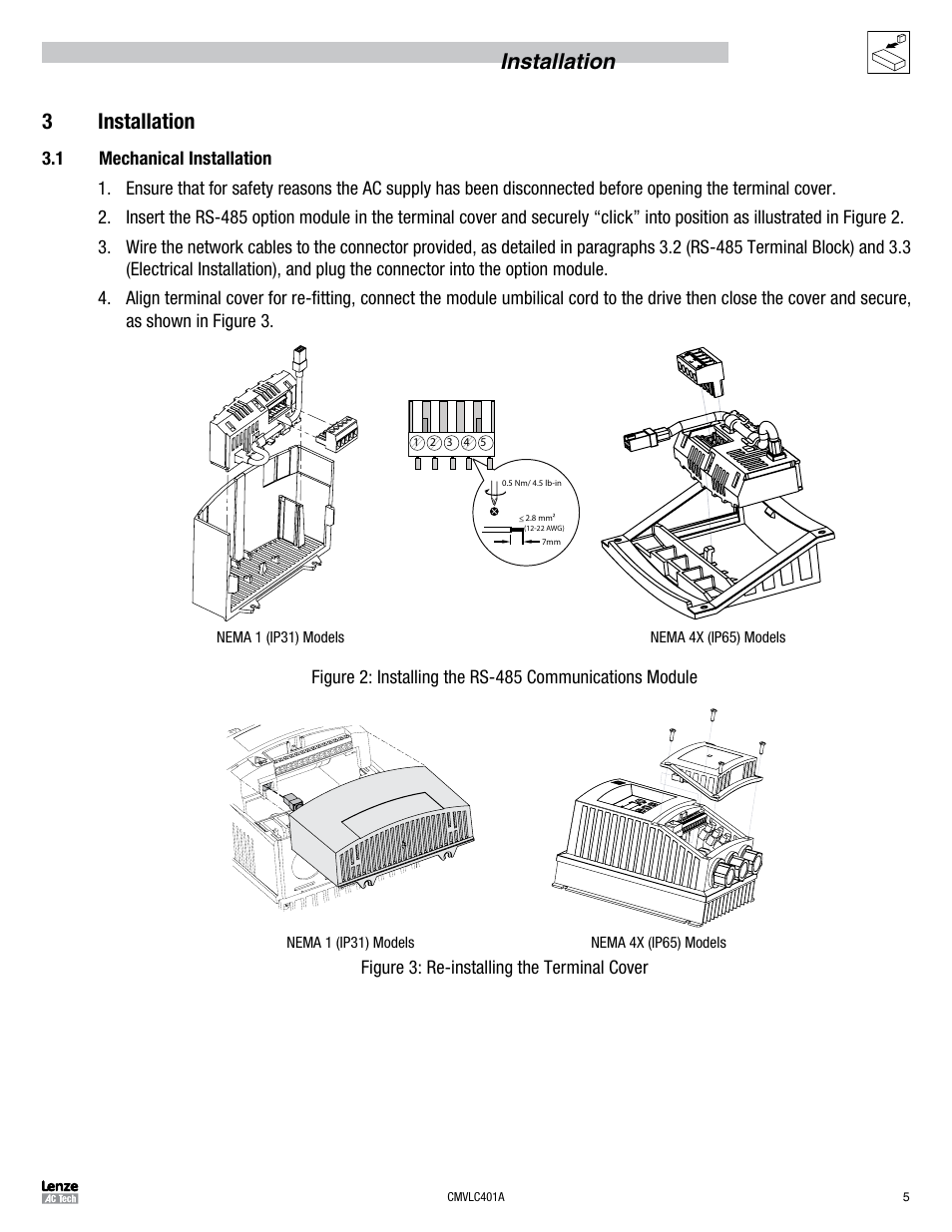Installation 3 installation | Lenze SMVector RS-485 LECOM User Manual | Page 7 / 29