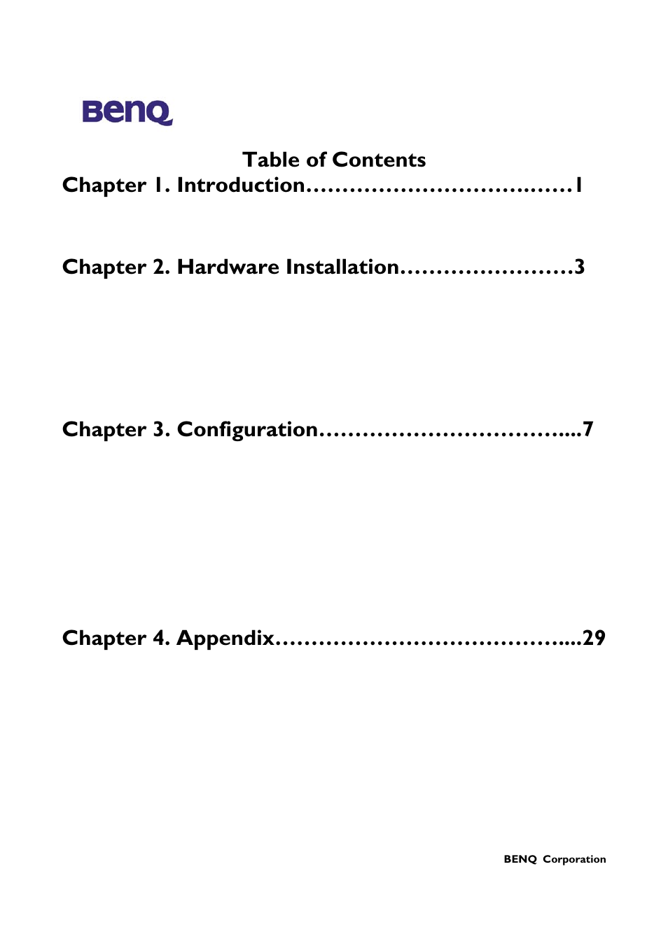 Chapter 2. hardware installation……………………3, Chapter 3. configuration, Chapter 4. appendix | BenQ AWL-700 User Manual | Page 4 / 33
