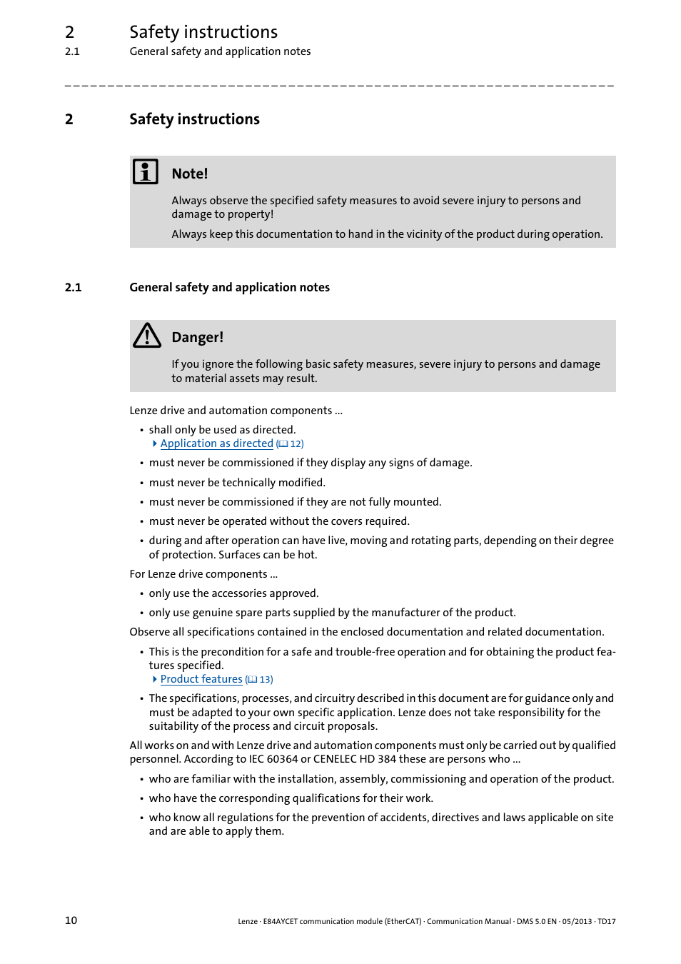 2 safety instructions, 1 general safety and application notes, Safety instructions | General safety and application notes, 2safety instructions | Lenze E84AYCET EtherCAT MCI module User Manual | Page 10 / 109