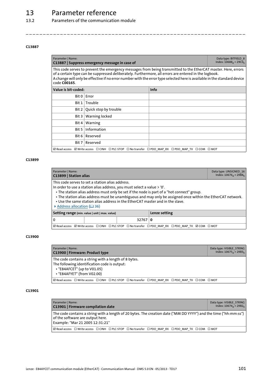 C13887 | suppress emergency message in case of, C13899 | station alias, C13900 | firmware: product type | C13901 | firmware compilation date, N to code, C13899, C13887, C13900, C13901, 13 parameter reference | Lenze E84AYCET EtherCAT MCI module User Manual | Page 101 / 109