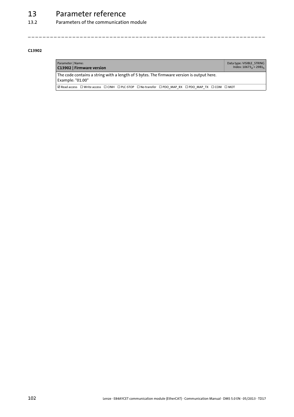 C13902 | firmware version, C13902, 13 parameter reference | Lenze E84AYCET EtherCAT MCI module User Manual | Page 102 / 109