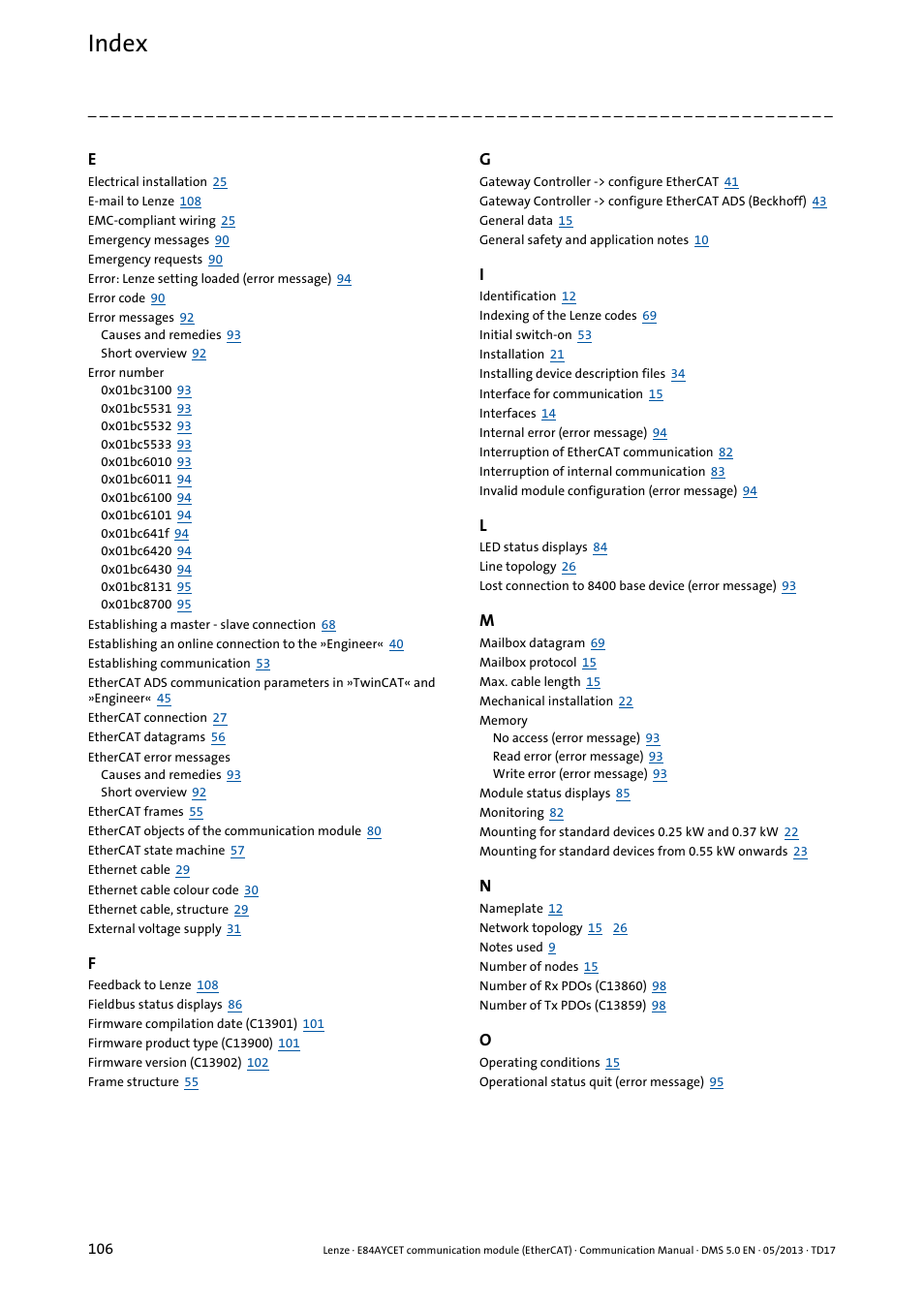 Index | Lenze E84AYCET EtherCAT MCI module User Manual | Page 106 / 109