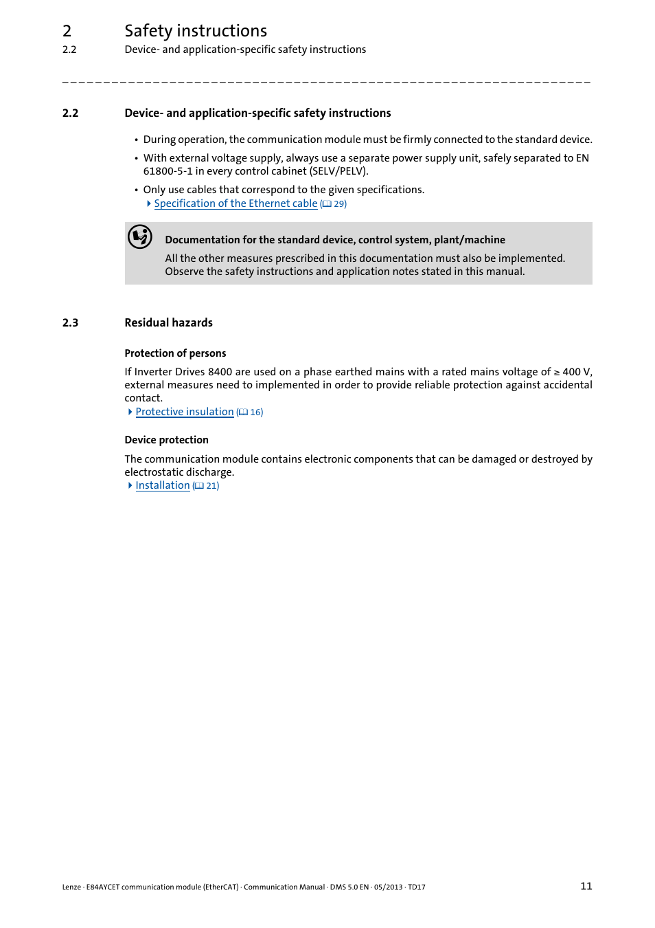 3 residual hazards, Residual hazards, 2safety instructions | Lenze E84AYCET EtherCAT MCI module User Manual | Page 11 / 109