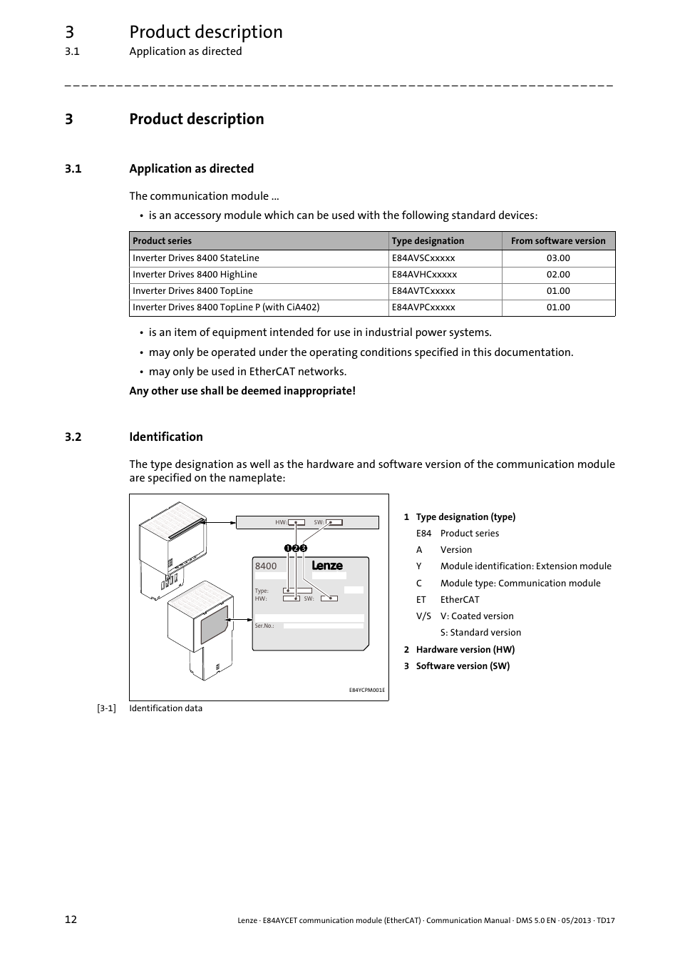 3 product description, 1 application as directed, 2 identification | Product description, Application as directed, Identification, 3product description | Lenze E84AYCET EtherCAT MCI module User Manual | Page 12 / 109