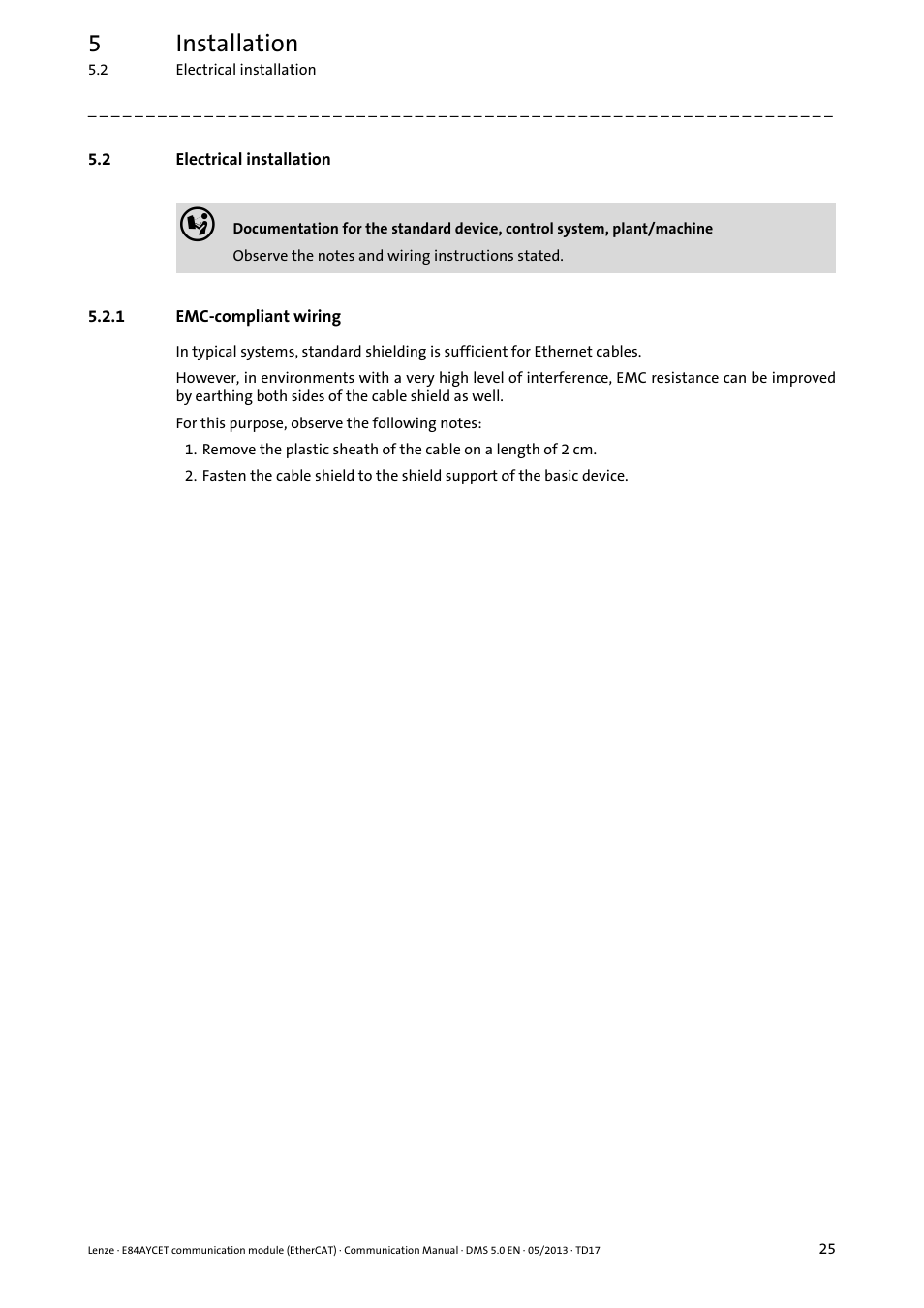 2 electrical installation, 1 emc-compliant wiring, Electrical installation | Emc-compliant wiring, 5installation | Lenze E84AYCET EtherCAT MCI module User Manual | Page 25 / 109