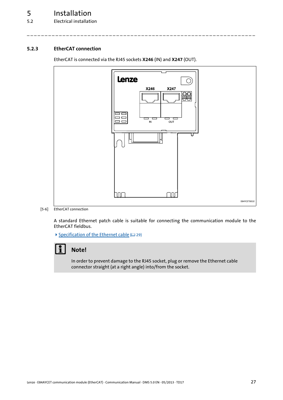 3 ethercat connection, Ethercat connection, Ethercat connection ( 27) | 5installation | Lenze E84AYCET EtherCAT MCI module User Manual | Page 27 / 109