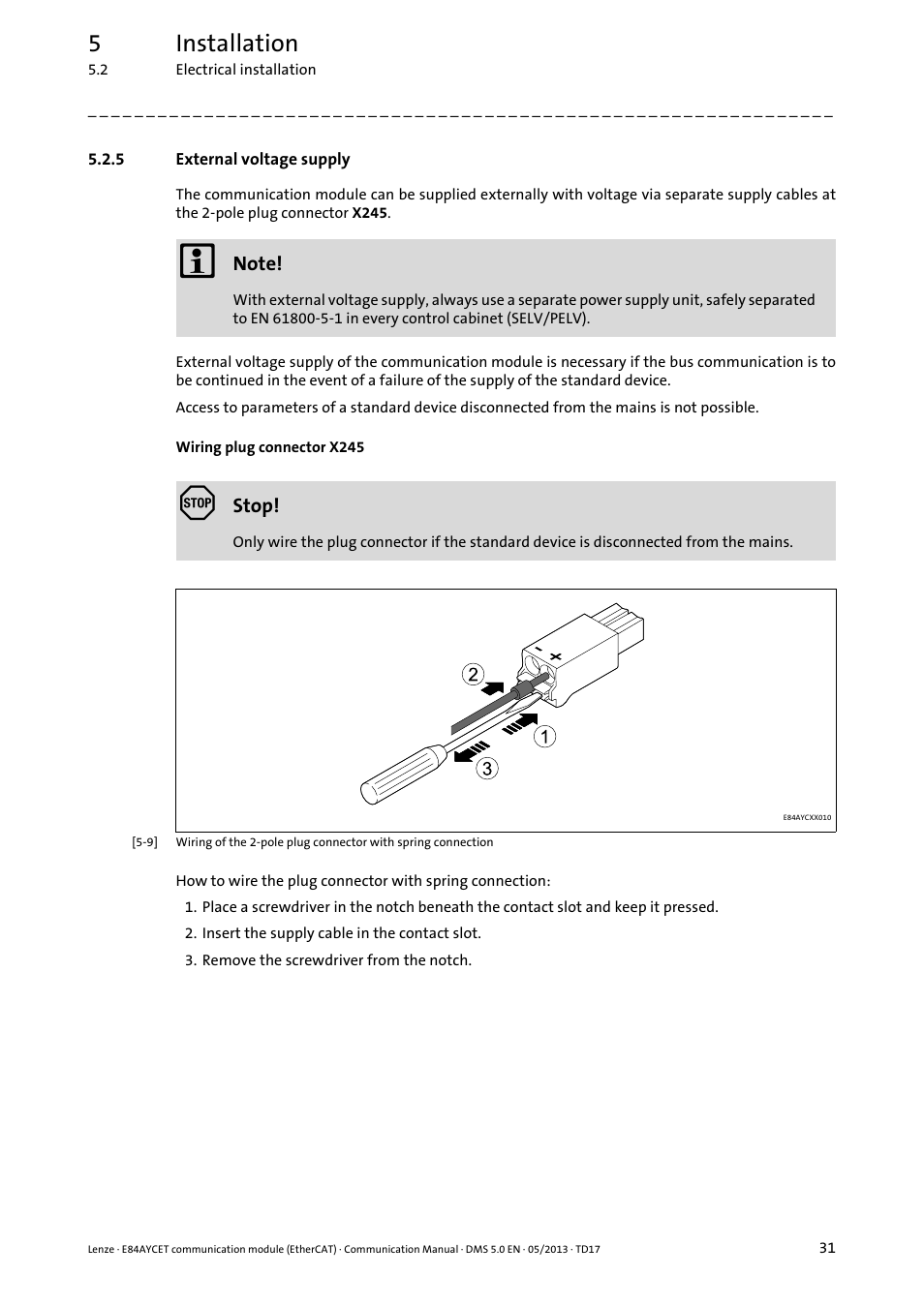 5 external voltage supply, External voltage supply, External voltage supply ( 31) | 5installation | Lenze E84AYCET EtherCAT MCI module User Manual | Page 31 / 109