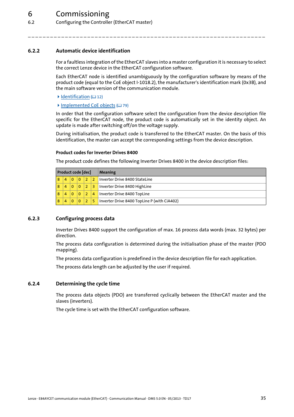 2 automatic device identification, 3 configuring process data, 4 determining the cycle time | Automatic device identification, Configuring process data, Determining the cycle time, Automatic device, Identification ( 35), 6commissioning | Lenze E84AYCET EtherCAT MCI module User Manual | Page 35 / 109