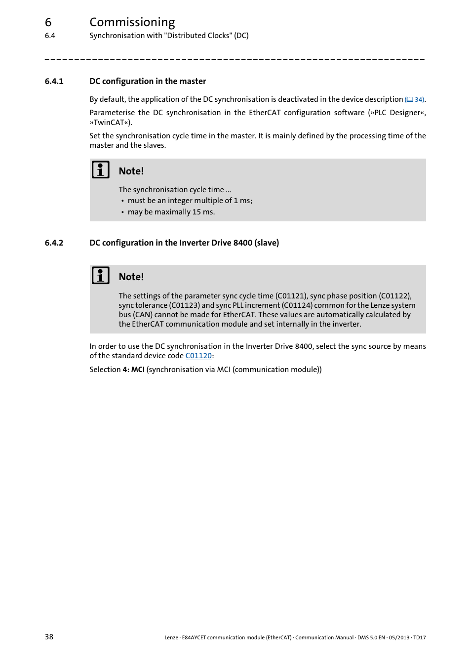 1 dc configuration in the master, Dc configuration in the master, 6commissioning | Lenze E84AYCET EtherCAT MCI module User Manual | Page 38 / 109