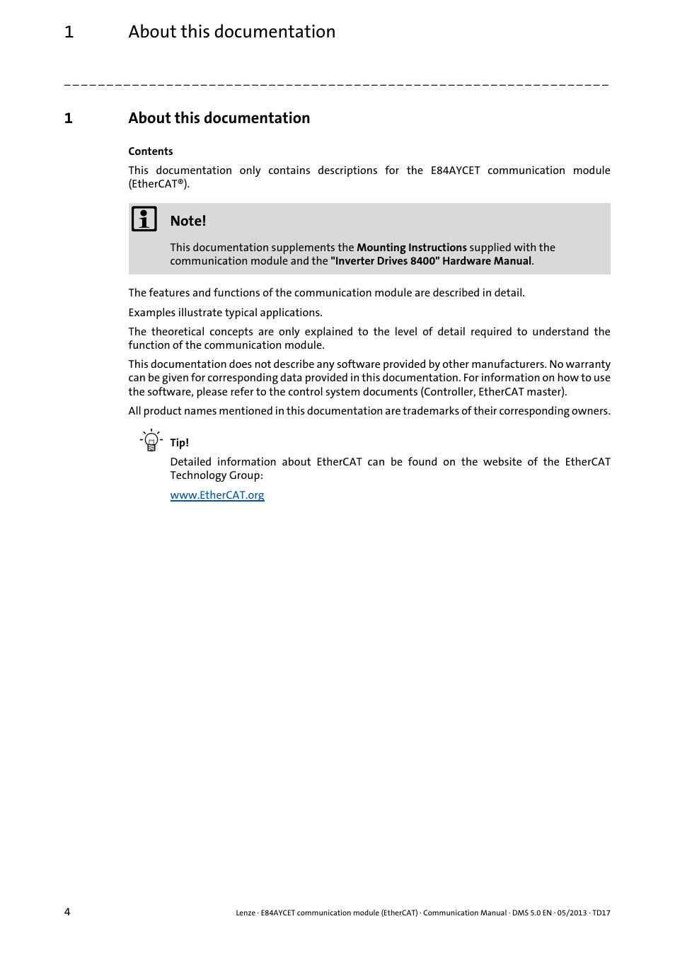 1 about this documentation, About this documentation, 1about this documentation | Lenze E84AYCET EtherCAT MCI module User Manual | Page 4 / 109