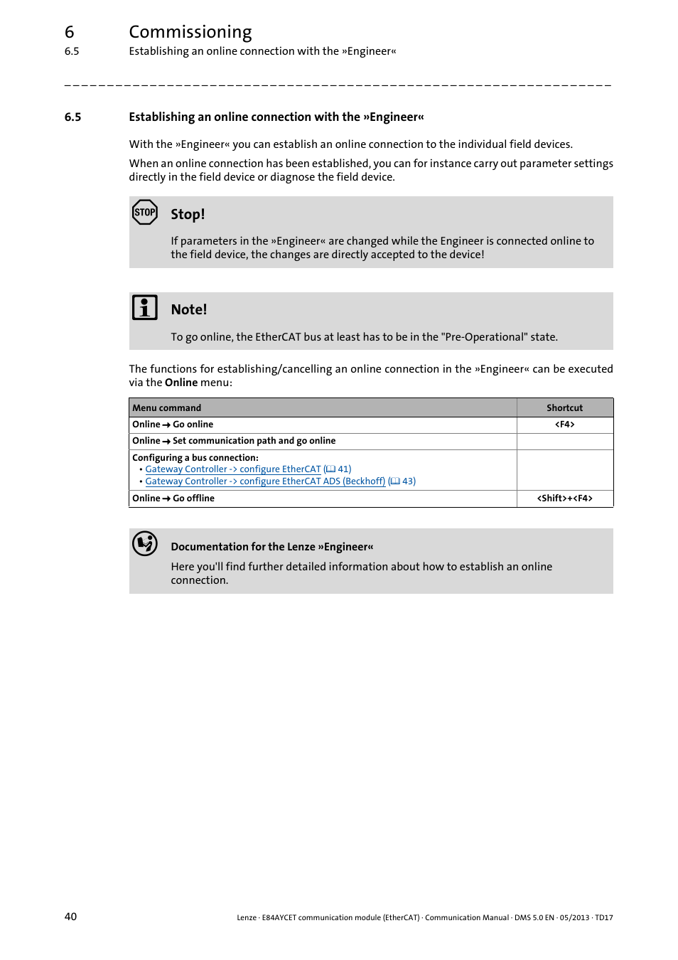 6commissioning | Lenze E84AYCET EtherCAT MCI module User Manual | Page 40 / 109