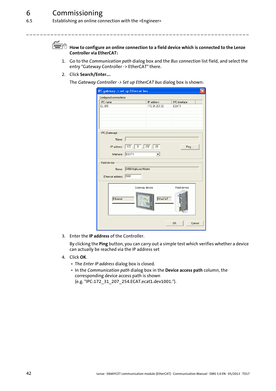 6commissioning | Lenze E84AYCET EtherCAT MCI module User Manual | Page 42 / 109