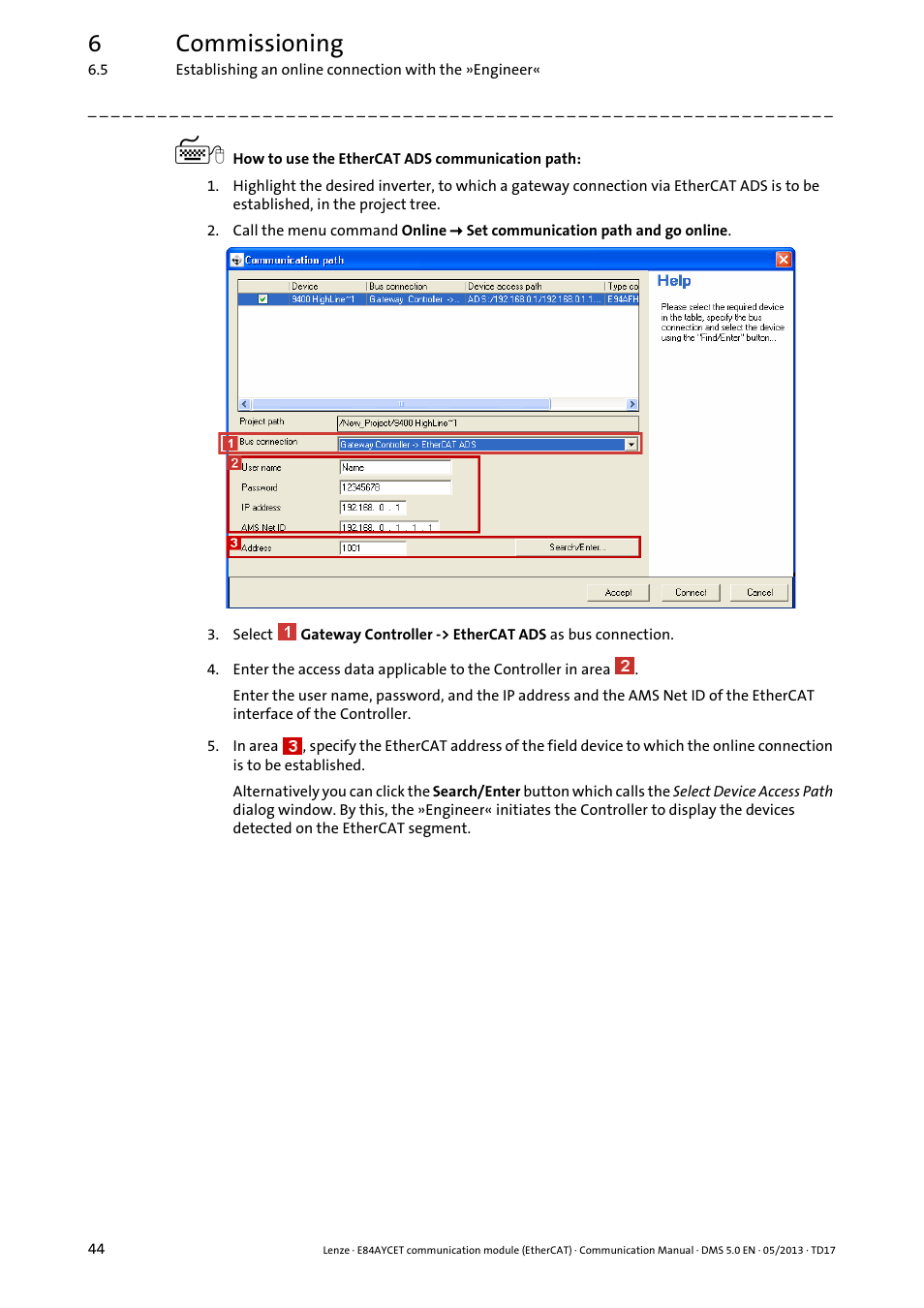 6commissioning | Lenze E84AYCET EtherCAT MCI module User Manual | Page 44 / 109