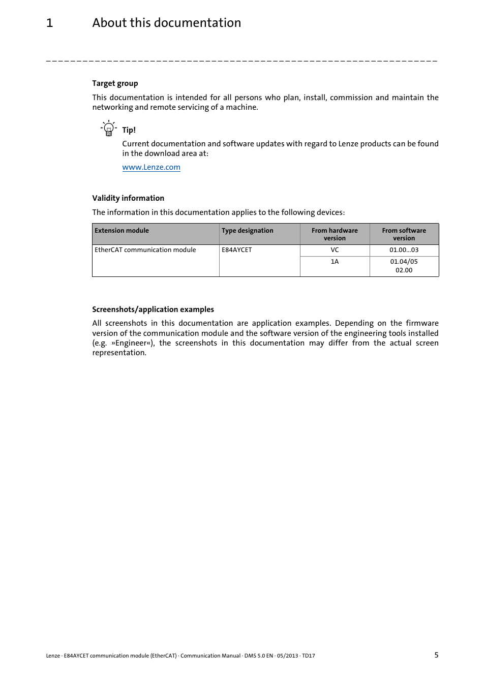 1about this documentation | Lenze E84AYCET EtherCAT MCI module User Manual | Page 5 / 109