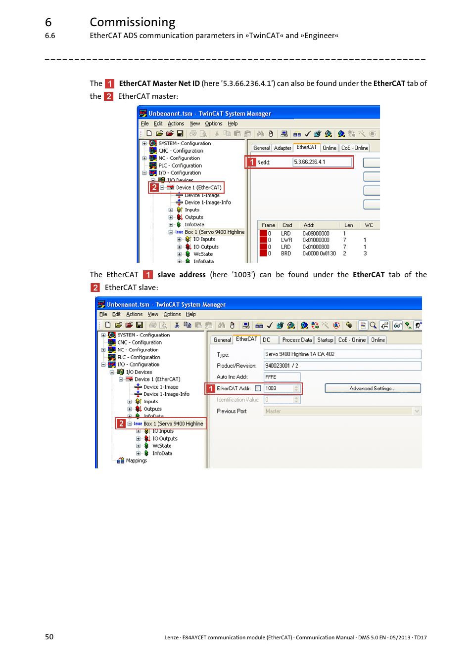 6commissioning | Lenze E84AYCET EtherCAT MCI module User Manual | Page 50 / 109